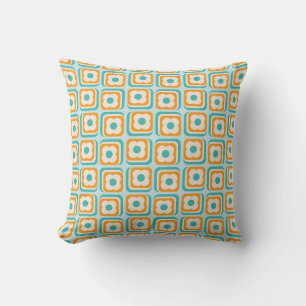 Coussin Carrés floraux les années 70 rétro, Aqua, Orange,