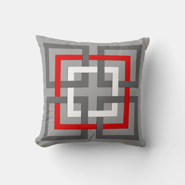 Coussin Carrés géométriques modernes, gris, rouge et blanc (Recto)