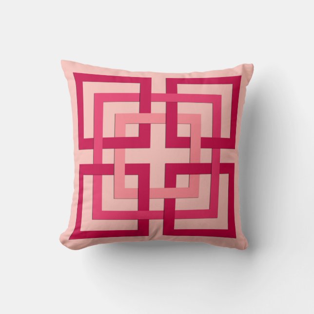 Coussin Carrés Géométriques Modernes, Rose Corail et Rouge (Recto)