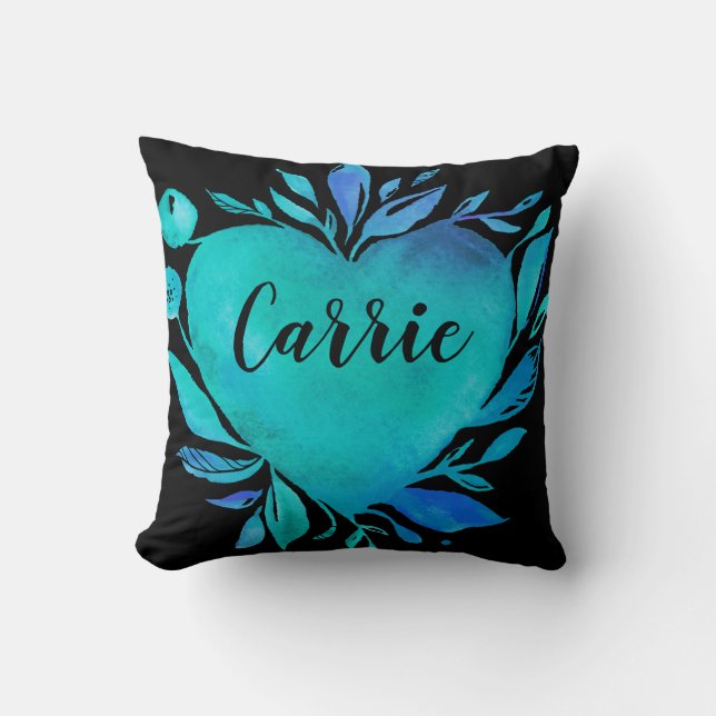 Coussin Carrie Aquarelle Coeur Blues personnalisable (Recto)