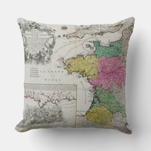 Coussin Carte allemande montrant des attaques navales (Recto)