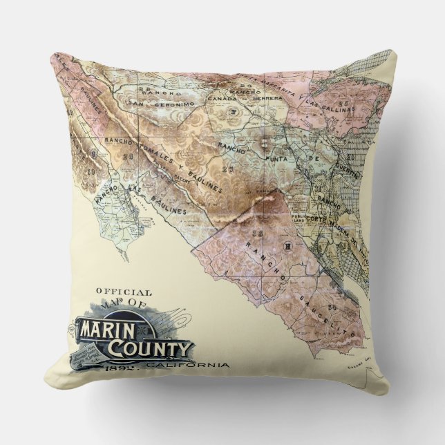 Coussin Carte ancienne de 1890 du comté de Marin (Recto)