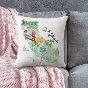 Coussin Carte artistique de l'État de Californie à l'aquar
