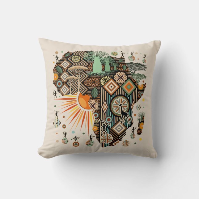Coussin Carte d'Afrique motif décoratif éléments tribaux (Recto)