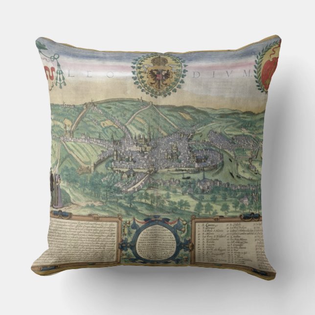 Coussin Carte de Liège, de "Civitates Orbis Terrarum" par (Recto)