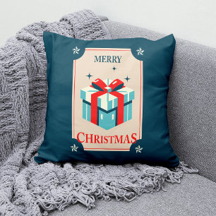Coussin Carte de Noël vintage avec boîte-cadeau festive