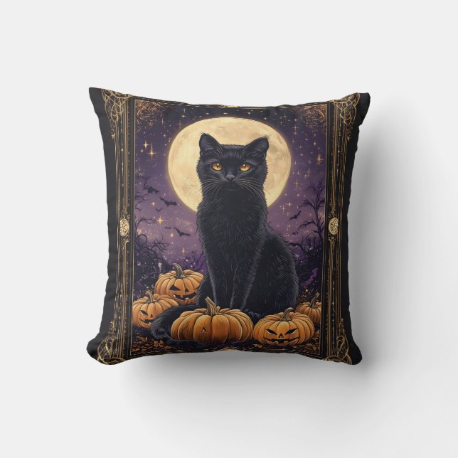 Coussin Carte de tarot thématique Halloween avec un chat n (Recto)