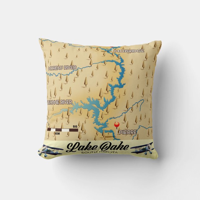 Coussin Carte du lac Oahe Dakota du Sud (Recto)