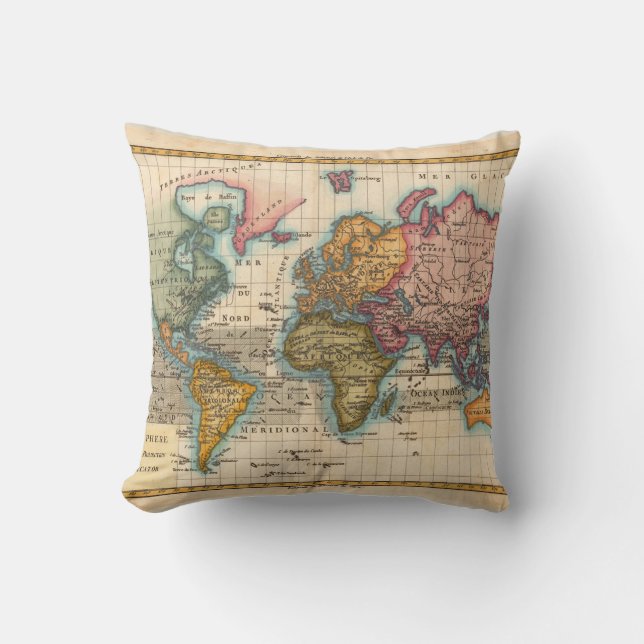 Coussin Carte du Monde 1780 Bonne Antique Planisphère  (Recto)
