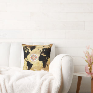 Coussin Carte du monde avec rose-boussole