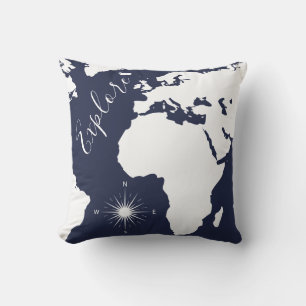 Coussin Carte du monde blanc et boussole Explorer