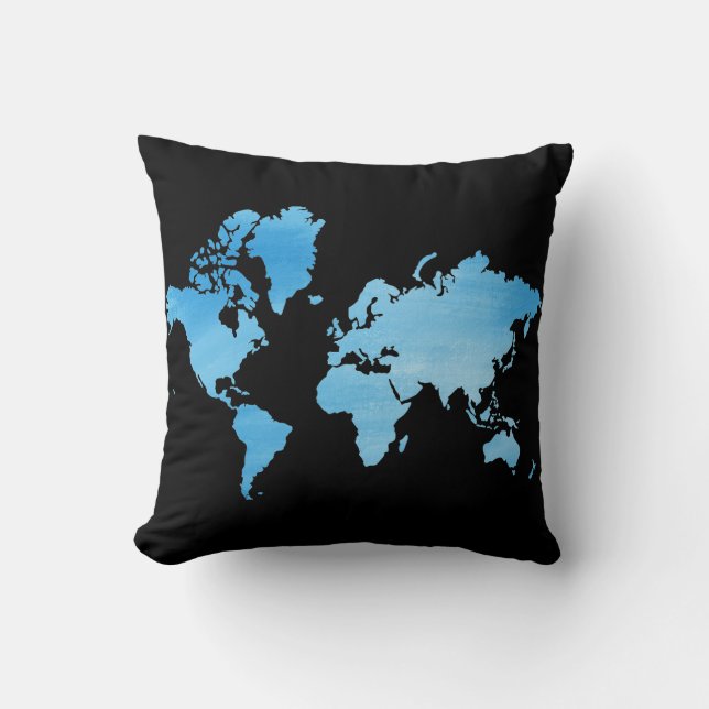 Coussin Carte du monde bleue minimale Art à l'aquarelle (Recto)