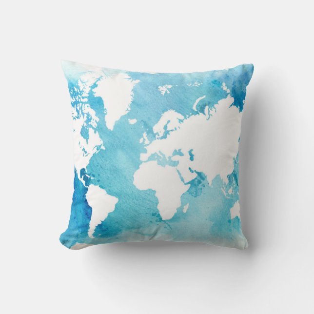 Coussin Carte du monde dans des bleus d'aquarelle (Recto)