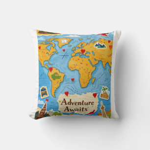 Coussin Carte du monde Heart Pins Aventure Attend