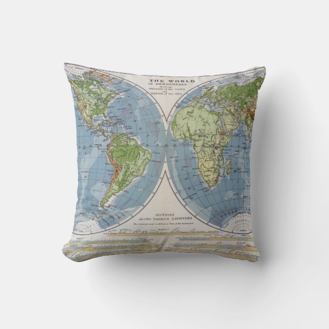 Coussin Carte du monde montrant des tailles de profondeur (Recto)
