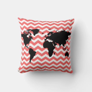 Coussin carte du monde noir / chevron de corail