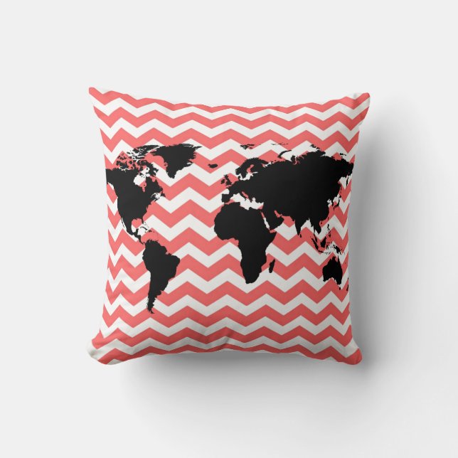 Coussin carte du monde noir / chevron de corail (Recto)