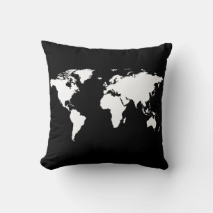 Coussin carte du monde personnalisée en noir/blanc