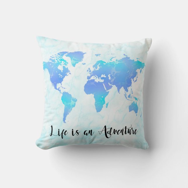 Coussin Carte du monde Purple & Blue La vie est une aventu (Recto)