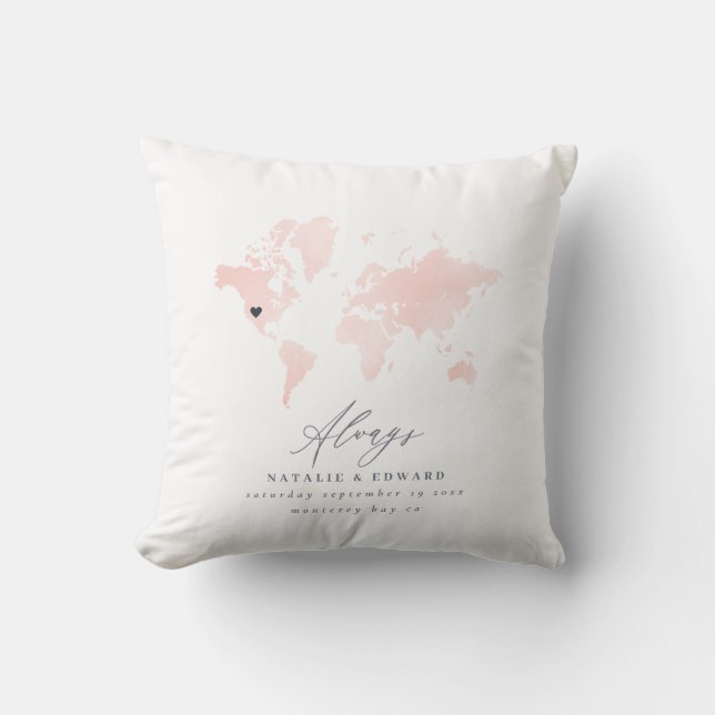 Coussin Carte du monde rose pâle mariage ou cadeau d'anniv (Recto)