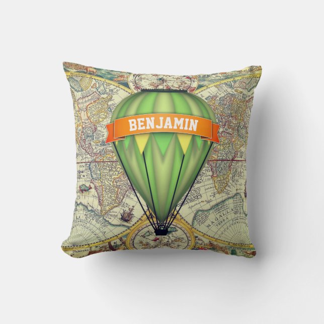 Coussin Carte du monde rustique vintage montgolfière chamb (Recto)