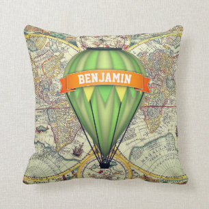 Coussin Carte du monde rustique vintage montgolfière chamb