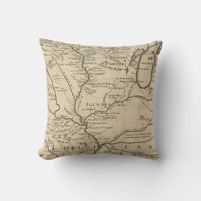 Coussin Carte historique de l'Illinois de 1718 (Recto)