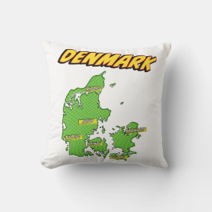 Coussin Carte illustrée du Danemark dans le style Pop Art