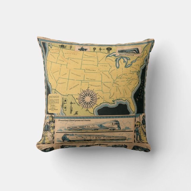 Coussin Carte locomotive des Etats-Unis (Recto)
