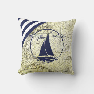 Coussin Carte marine antique/voilier/silhouette/bleu marin