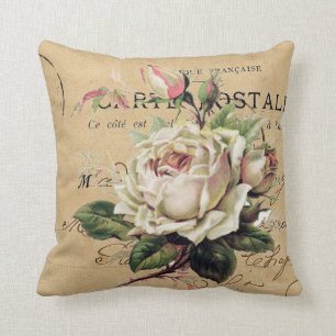 Coussin carte postale française et rose blanche shabb chic