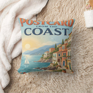 Coussin Carte postale vintage d'un été italien sur la côte