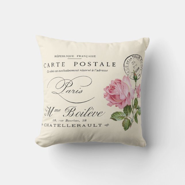 Coussin Carte postale vintage française, shabby chic (Recto)