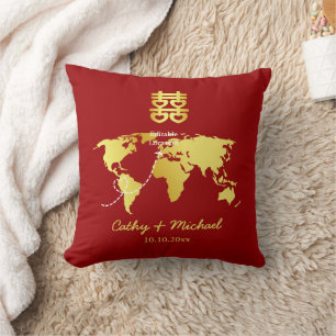 Coussin Carte rouge et or destination mariage chinois
