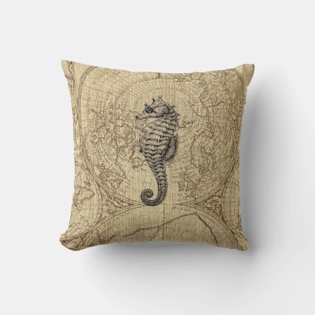 Coussin Carte Vie marine Cheval de mer noir Illustration C (Recto)