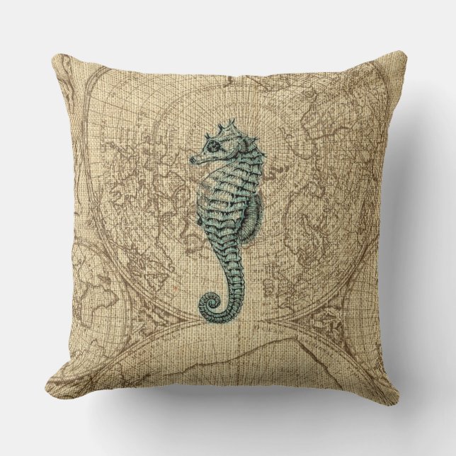 Coussin Carte Vie marine Cheval de mer vert Illustration C (Recto)