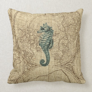 Coussin Carte Vie marine Cheval de mer vert Illustration C