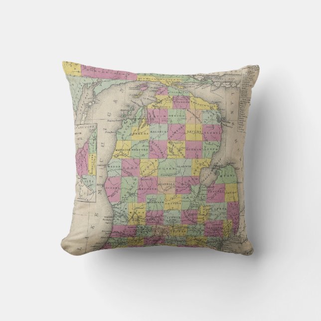 Coussin Carte vintage du Michigan (1853) (Recto)
