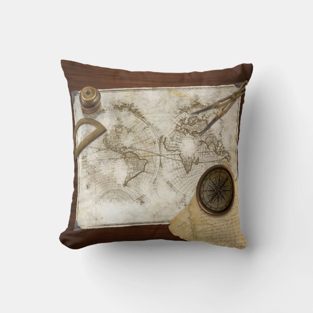 Coussin Carte vintage et outils du monde (Recto)