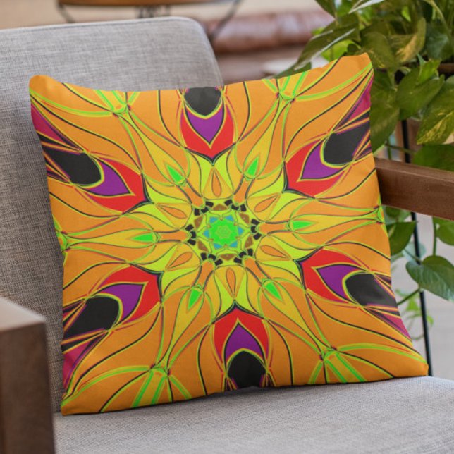 Coussin Carton Mandala Fleur orange vert et rouge (Créateur téléchargé)