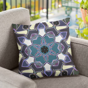 Coussin Carton Mandala Flower bleu violet noir et blanc