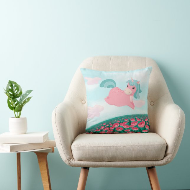 Coussin Carton mignon Unicorn rose et menthe (Chaise)