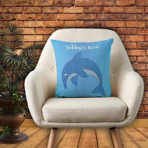 Coussin Cartoon brillant Bleu Blanc Saut Dolphin sur Bleu