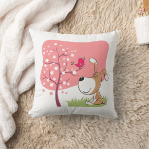 Coussin Cartoon Chien Chien Chiot Fleur Oiseau Rose Jeu Or