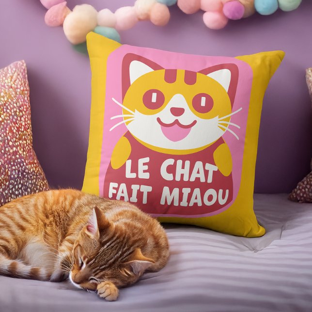 Coussin Cartoon de chat Tabby Orange dit Meow en français (Créateur téléchargé)