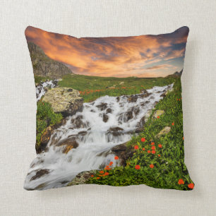 Coussin Cascade dans les montagnes avec des fleurs