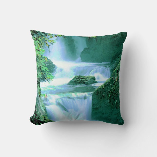 Coussin Cascade serène en bleu et vert (Recto)