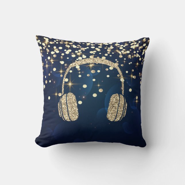 Coussin Casque audio pailleté or, étoiles points bleu mari (Recto)