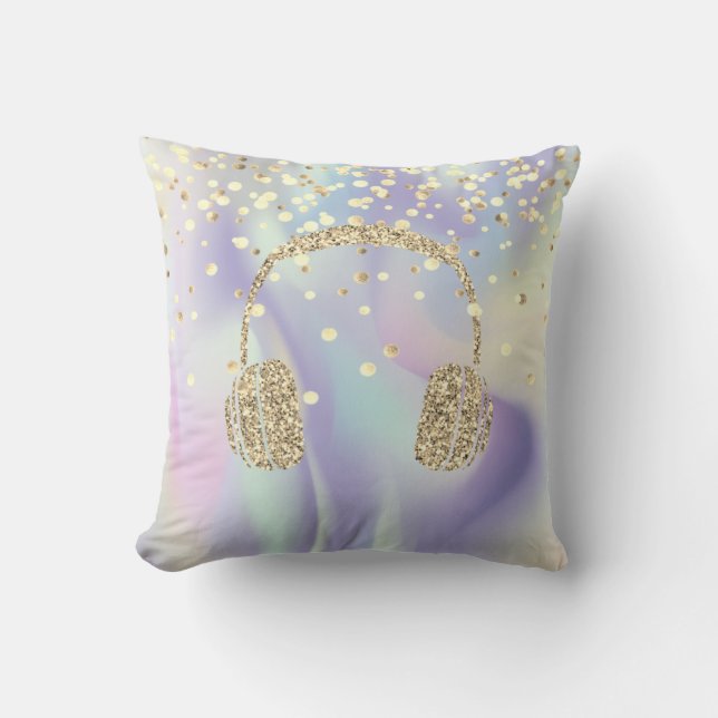 Coussin Casque audio paillettes dorées, étoiles points hol (Recto)