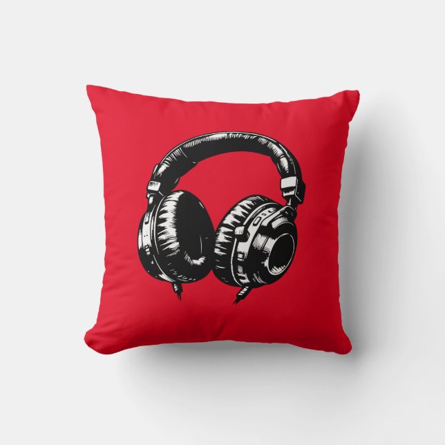 Coussin Casque DJ Musique Noire  (Recto)